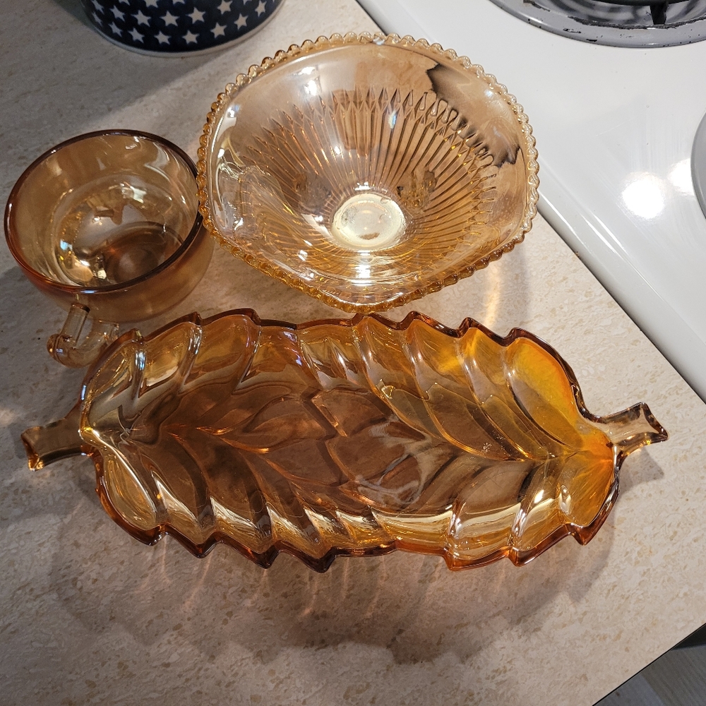 Vintage Fall Leaf Tray, Cup and Footed Bowl, Jeannette, Marigold Carnival Glass